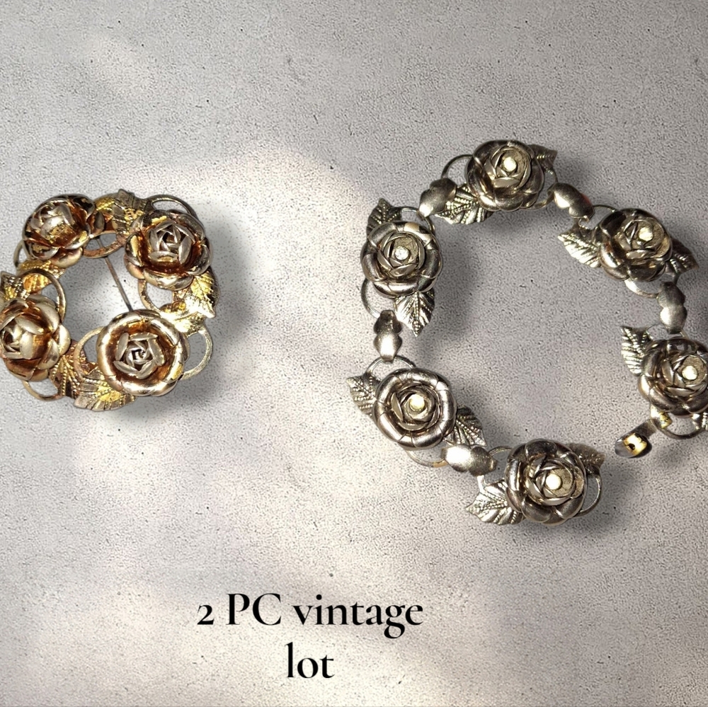Vintage Rose Rhinestone flower link Costume bracelet & Similar Brooch
